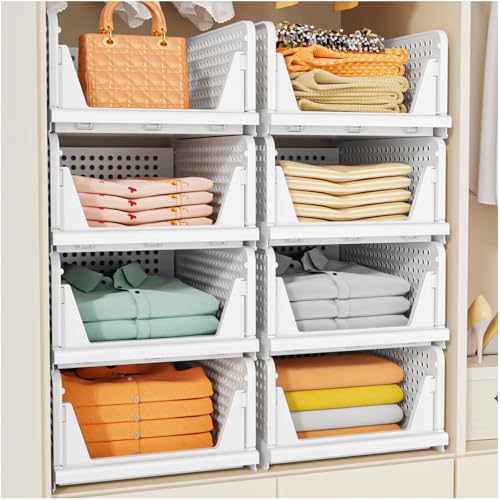 SNSLXH 5 Pack Stackable Closet Storage Basket, Multifunctional & Foldable Closet Organizer for Bathroom Kitchen Laundry Room Wardrobe Storage, Space-Saving Clothes Storage Drawer Organizer, White - color: White, size: 5 Pack