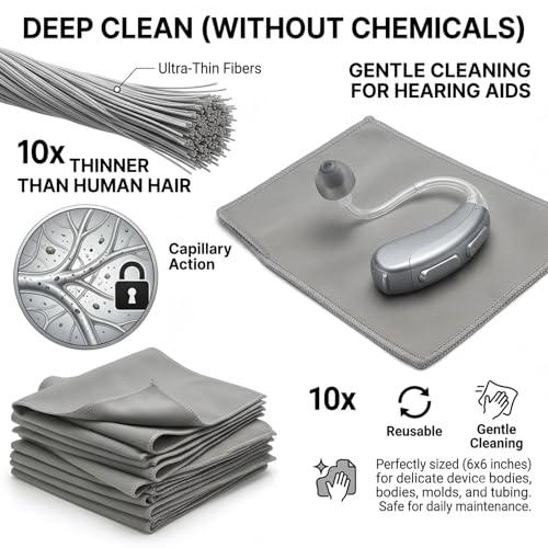 Extra Fine Microfiber Hearing Aid Cloth Wipes, 10 Pack Lint Free Hearing Aid Cloth, 15 x 15 cm Reusable Dry Wipes for Hearing Aids, Scratch Free Microfiber Cloth for Glasses, Screens, Grey
