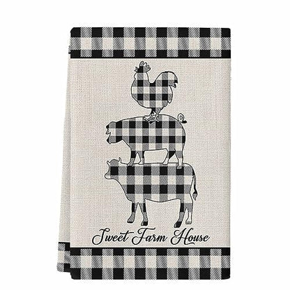 Farm Buffalo Plaid Kitchen Towels, Absorbent Microfiber Hand Towels for Kitchen Bathroom Bar Decorative Pig Cow Chicken Ultra Soft Resuable Cleaning Cloths Washable Fast Drying - size: 18" x 28"