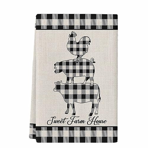 Farm Buffalo Plaid Kitchen Towels, Absorbent Microfiber Hand Towels for Kitchen Bathroom Bar Decorative Pig Cow Chicken Ultra Soft Resuable Cleaning Cloths Washable Fast Drying - size: 18" x 28"