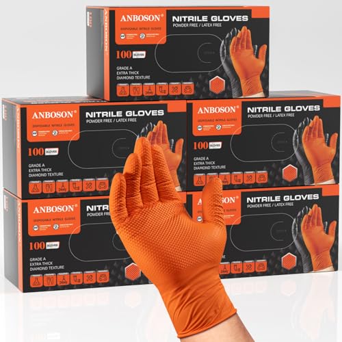 ANBOSON 10mil Nitrile-Gloves Disposable-Orange Chemical-Resistant Rubber - Mechanic Gloves Heavy Duty, Latex Free, Diamond Grip (500, Medium) - color: Orange-500, size: Medium