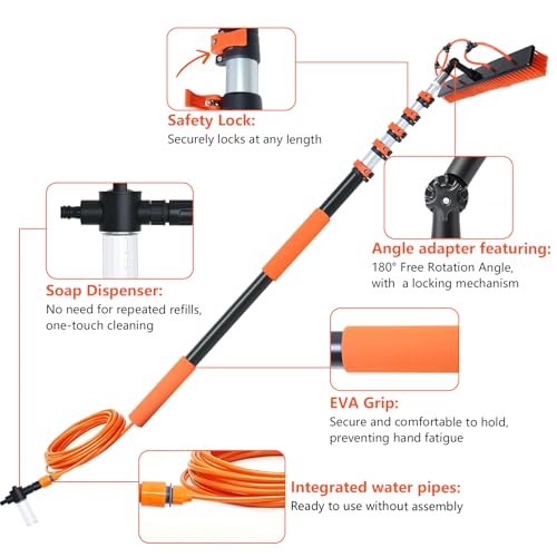 Solar Panel Cleaning Kit with 5-20ft Telescoping Pole, Water Fed Pole Window Cleaning System with Soap-Dispenser, Brush, 11″Squeegee & Cobweb Duster for Snow Removal, Windows, RVs, Decks - size: 5-20ft