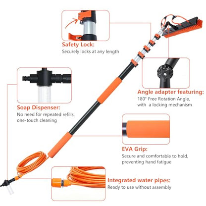 Solar Panel Cleaning Kit with 5-20ft Telescoping Pole, Water Fed Pole Window Cleaning System with Soap-Dispenser, Brush, 11″Squeegee & Cobweb Duster for Snow Removal, Windows, RVs, Decks - size: 5-20ft