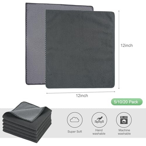 SINLAND Microfiber Dish Cloths Wash Clothes for Kitchen Best Kitchen Cloths Cleaning Cloth Poly Scour Side 12"x12" (5Pack, Dark Grey) - color: Dark Grey, size: 12inchx12inch 5pack