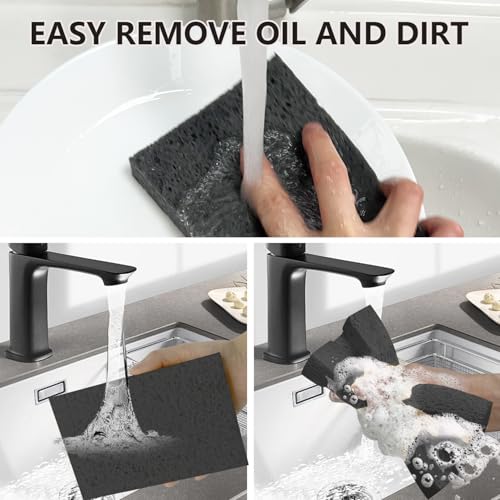 Cellulose Sponges, Large Size 4" x 6" x 1" - Heavy Duty Scrub Kitchen Sponge, Clean Tough Messes Without Scratching Kitchen Cleaning Pads, Pop Up Eco DIY (6 Pack), Black - color: Black