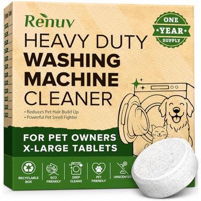 Renuv® Heavy Duty Washing Machine Cleaner For Pet Owners, 12 XL Tablets | For Dog & Cat Hair, Removes Stink, Odor, Residue, Grime, Front Load or Top Load Washer, HE and Septic Safe, 1 Year Supply - style: 12 Tablets