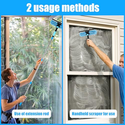 Squeegee for Window Cleaning Scrubber and Rotating Head Squeegee Window Cleaner Tool Window Washing Kit with Long Handle Window Cleaning Kit for Shower Glass Mirror Car (Blue)