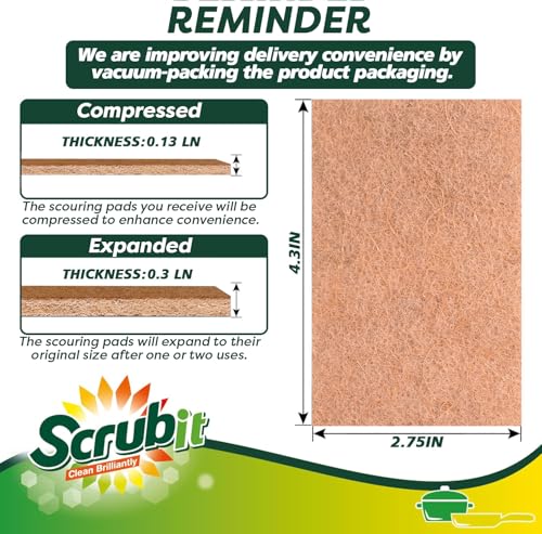 SCRUBIT 50 Pack Natural Scouring Pads - Heavy Duty Scrubbing Pads for Dishes - Non-Scratch - Reusable - Natural, Eco-Friendly, Biodegradable Sisal Brown Sponges for Dishes, Compostable - color: Natural Brown