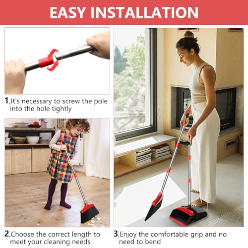 Broom with Dustpan Combo Set, 43” Long Handle Broom and Dustpan Set, Upright Standing Dust Pan for Home and Kitchen, Brooms for Sweeping Indoor（Black&Red）