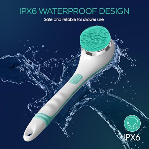VOYOR Electric Silicone Body Scrubber, Back Scrubber for Shower, Waterproof Long Handle Body Brush, Rechargeable Power Bath Brush for Cleansing, Exfoliating, Massaging Skin BC100 (Blue) - color: Blue