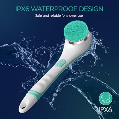 VOYOR Electric Silicone Body Scrubber, Back Scrubber for Shower, Waterproof Long Handle Body Brush, Rechargeable Power Bath Brush for Cleansing, Exfoliating, Massaging Skin BC100 (Blue) - color: Blue