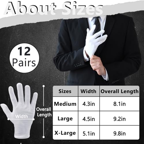 12 Pairs White Cotton Gloves Soft Cloth Dust Hand Gloves Work for Men Women Art Crafting Handling, Eczema, BBQ, Coin Jewelry Watch Inspection, Dry Hands Sleeping, Archival, Large - size: Large