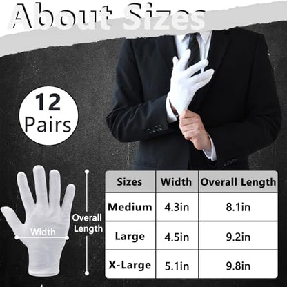 12 Pairs White Cotton Gloves Soft Cloth Dust Hand Gloves Work for Men Women Art Crafting Handling, Eczema, BBQ, Coin Jewelry Watch Inspection, Dry Hands Sleeping, Archival, Large - size: Large