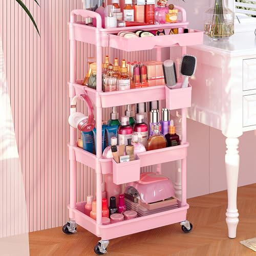 Goovilla Rolling Makeup Organizer Cart with Removable Drawer, 4 Tier Stable Pink Floor Skincare Storage Cart for Vanity, Cosmetic Display, Nail Polish, Perfume, Hair Stuff, Beauty, Bathroom(Plastic) - color: Pink, size: 4 Tier