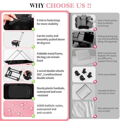 Chyaidach Rolling Cleaning Caddy, Cleaning Supplies Organizer with Trolley, Wearable Cleaning Tote Bag on Wheels with Hard Bottom, Cleaning Carts for Housekeepers/Home/Car/Office/Picnic (Pink) - color: Pink