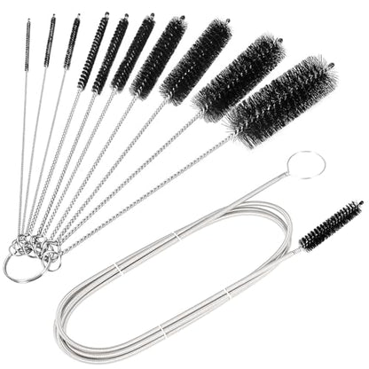 CiaraQ11-Piece Tube & Pipe Cleaning Brush Set – 10 Rigid Brushes 1/16"-1" + 60" Flexible Wand Brush, Medium-Stiffness Nylon – for Drains, Guns, Coffee & Labs - color: Black+black, size: 8.0 Inch & 60 Inch