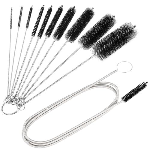 CiaraQ11-Piece Tube & Pipe Cleaning Brush Set – 10 Rigid Brushes 1/16"-1" + 60" Flexible Wand Brush, Medium-Stiffness Nylon – for Drains, Guns, Coffee & Labs - color: Black+black, size: 8.0 Inch & 60 Inch