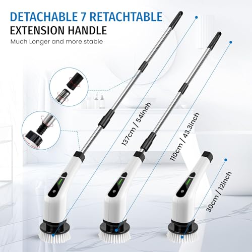 Electric Spin Scrubber, Cordless Scrubber with 7 Replaceable Cleaning Brushes and Dual Speed, Shower Cleaning Brush, Power Scrubber with Adjustable & Detachable Handle for Cars Bathroom Kitchen