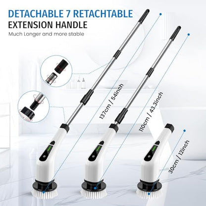 Electric Spin Scrubber, Cordless Scrubber with 7 Replaceable Cleaning Brushes and Dual Speed, Shower Cleaning Brush, Power Scrubber with Adjustable & Detachable Handle for Cars Bathroom Kitchen