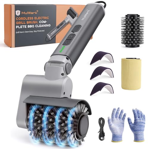 MulWark Electric Grill Brush for Outdoor, 2026 Upgraded BBQ Grill Cleaner with 2 Heads, 480RPM Cordless Motorized Cleaner, 5200mAh Grill Cleaning Brush 6-Piece Kit with Degreasing Pad and Glove