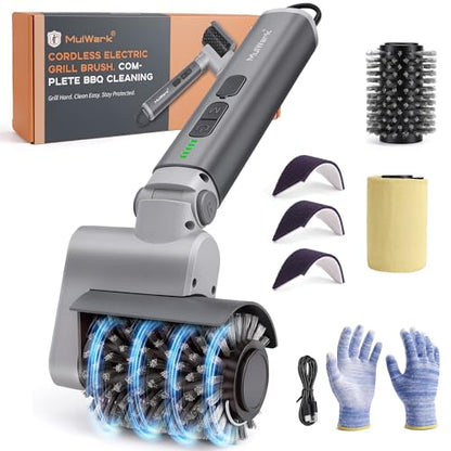 MulWark Electric Grill Brush for Outdoor, 2026 Upgraded BBQ Grill Cleaner with 2 Heads, 480RPM Cordless Motorized Cleaner, 5200mAh Grill Cleaning Brush 6-Piece Kit with Degreasing Pad and Glove