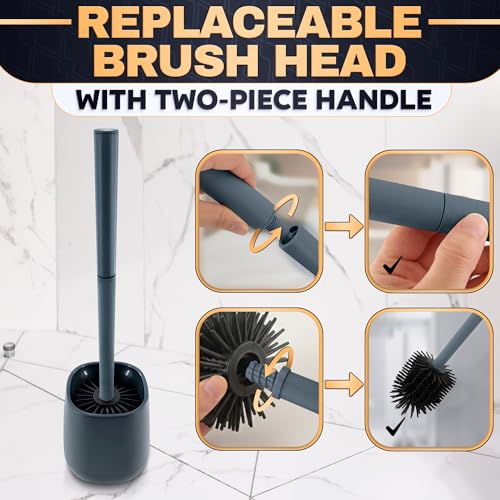 Toilet Brush and Holder Set - Silicone Toilet Brush Cleaner with Dark Grey Holder Base, Compact Accessory for Small Spaces - Easy to Place & Simple to Store After Use, Plastic Bathroom Cleaning Tool - color: Gray