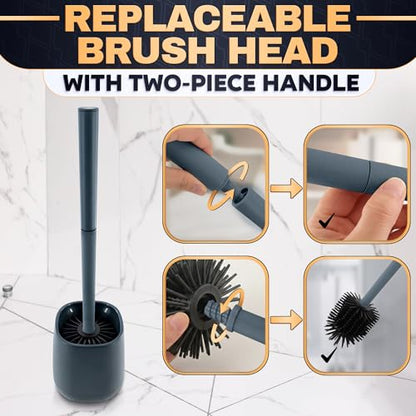 Toilet Brush and Holder Set - Silicone Toilet Brush Cleaner with Dark Grey Holder Base, Compact Accessory for Small Spaces - Easy to Place & Simple to Store After Use, Plastic Bathroom Cleaning Tool - color: Gray