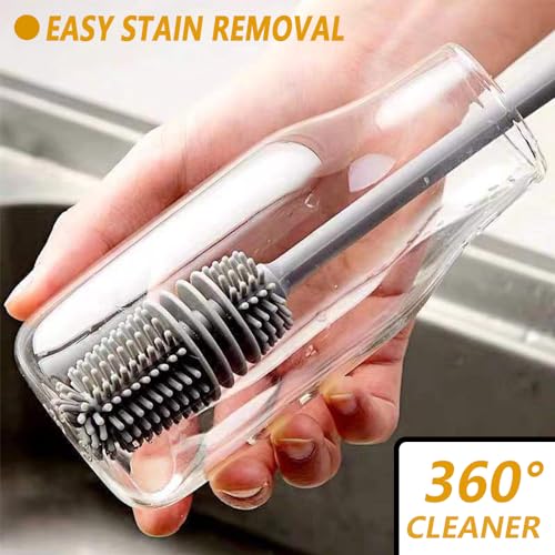 Silicone Bottle Brush 3pcs, Long Handle Bottle Cleaner, 13" Bottle Cleaning Brush for Flasks, Vacuum Sports Bottles, Vases and Glassware (Grey)