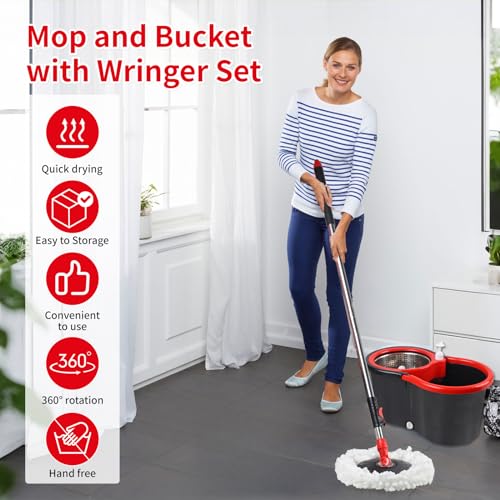 Spin Mop and Bucket with Wringer Set,360° Mop and Bucket System with 3 Microfiber Mop Refills and 59" Extended Handle for Floor Cleaning