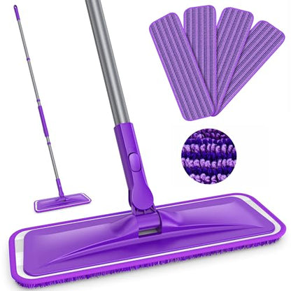 Grey Flat Floor Mop with 4 Reusable Microfiber Pads for Dusting + Purple Flat Floor Mop with 4 Washable Microfiber Pads for Mopping