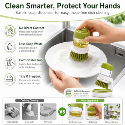 Plastic Cleaning Brush with soap Dispenser for Kitchen Sink washbasin,Dish Washer with Storage Stand Holder,Palm Scrub soap Dispenser Washing-up Brush| Hygienic Drip-Dry Stand Included