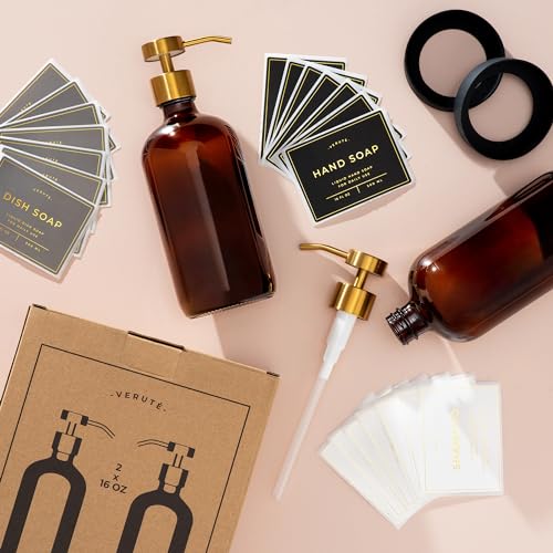 Hand and Dish Soap Dispenser for Kitchen and Bathroom, Set of 2 16 Oz Glass Bottles, Stainless Steel Pumps, Non-Slip Silicone Base, 27 Waterproof Labels (Amber Bottle/Brushed Gold Pump) - color: Amber Bottle / Brushed Gold Pump
