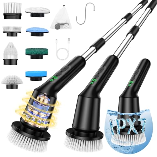 Shower Scrubber with Long Handle, Shower Cleaner Brush with 8 Brush Heads, Cordless Electric Spin Scrubber for Cleaning with 2 Speed, Cleaning Supplies for Bathroom Bathtub Kitchen Floor Tile Toilet - color: Black, size: 8 Brush Heads
