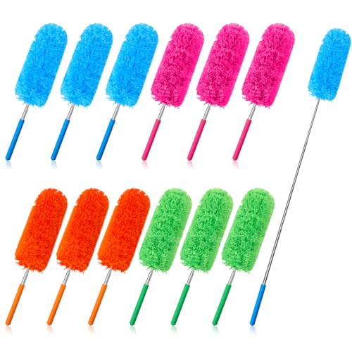 Tanlade 12 Pcs Microfiber Feather Duster for Cleaning 13-31 Inch Extendable Cobweb Dusters Ceiling Fan Duster Washable Bendable Tool for Office Car Window Furniture (Stylish Color) - color: Stylish Color