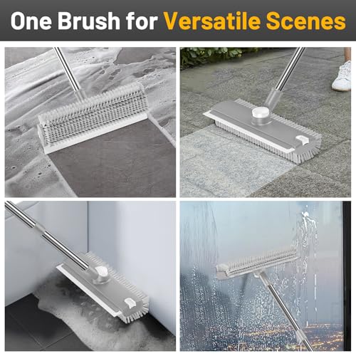 Floor Scrub Brush with Long Handle: 3 in 1 Heavy-Duty Floor Scrubber Brush with Squeegee for Cleaning Tile Bathroom Deck Kitchen Patio - Gray - color: Gray