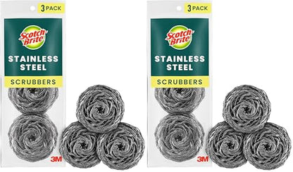 Scotch-Brite Stainless Steel Scrubber for Cleaning Kitchen, Household, and Dishes - 3 Scrubbers (Pack of 2)