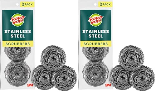 Scotch-Brite Stainless Steel Scrubber for Cleaning Kitchen, Household, and Dishes - 3 Scrubbers (Pack of 2)