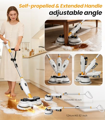Qimedo Battery Electric Mop, Cordless Electric Scrubber & Mops for Floor Cleaning, Best Automatic Spin Mops with Smart Display,Rotating Mop with LED Light & Water Spray