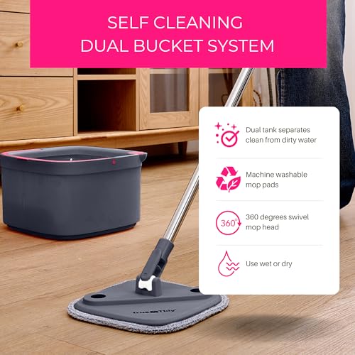 True & Tidy True Clean Spin Mop & Bucket System – Dual Compartment Design for Clean & Dirty Water, 360° Swivel Mop Head, Built-in Scrubbing Brush, Stainless Steel Handle & 2 Reusable Microfiber Pads - size: Spin Mop Deluxe