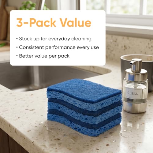 Superio Non-Scratch Cellulose Sponge Scrub (12-Pack) Heavy Duty Kitchen Sponges Scrubbers with Scouring Pad (Blue) - color: Blue, size: 12-pack