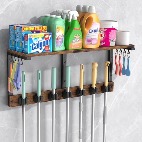 Housolution Broom Holder Wall Mount with Cleaning Supplies Organizer, 100 LBS High Load-Bearing Laundry Room Storage Shelves, Multifunctional Mop Hanger Rack with 7 Grippers & 8 Hooks - size: 7 Grippers with 1 Tier Shelf