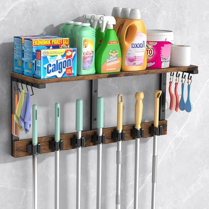 Housolution Broom Holder Wall Mount with Cleaning Supplies Organizer, 100 LBS High Load-Bearing Laundry Room Storage Shelves, Multifunctional Mop Hanger Rack with 7 Grippers & 8 Hooks - size: 7 Grippers with 1 Tier Shelf
