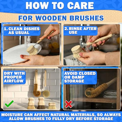 5 Pcs Bamboo Dish Brush Set – Bamboo Dish Scrubber with Soft & Stiff Non-Scratch Bristles, Ergonomic Handle, Replacement Head Included – Lightweight Kitchen Scrubber for Pots, Bottles & Vegetables