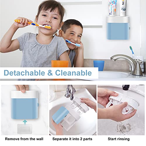 Toothbrush Holder Toothpaste Dispenser Wall Mounted with Cover, 4 Slots Electric Tooth Brush Storage Organizer with 2 Automatic Kids Toothpaste Squeezers for Shower Bathroom Blue, Self Adhesive - color: Blue