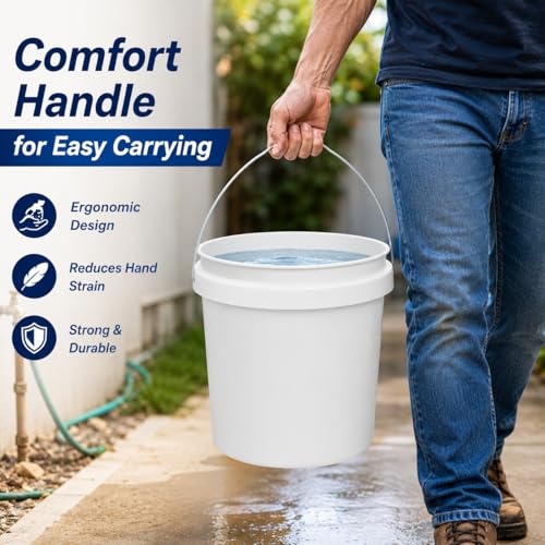 5 Gallon Round Plastic Utility Bucket White Heavy Duty Multi Purpose Pail for Cleaning, Storage, Mixing, Home, Garage, Garden Use