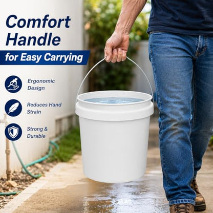 5 Gallon Round Plastic Utility Bucket White Heavy Duty Multi Purpose Pail for Cleaning, Storage, Mixing, Home, Garage, Garden Use