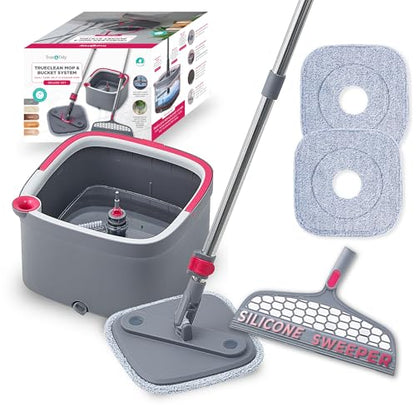 True & Tidy True Clean Spin Mop & Bucket System – Dual Compartment Design for Clean & Dirty Water, 360° Swivel Mop Head, Built-in Scrubbing Brush, Stainless Steel Handle & 2 Reusable Microfiber Pads - size: Spin Mop Deluxe