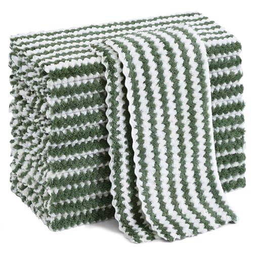 Homaxy 12 Pack Kitchen Dish Cloths, Ultra Soft and Absorbent Dish Towels, Reusable Fast Drying Microfiber Cleaning Cloth, Coral Velvet Wave Design No-lint, 10 x 10 inches, Grass Green - color: Grass Green, style: 10" x 10" - 12 Pack