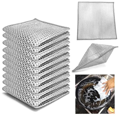 Double layer metal wire scratch free cloth, dry and wet dual-purpose metal wire dishwashing cloth, suitable for kitchen cleaning, cookware, tableware, sink, stove, etc., easy to rinse (10 pieces)