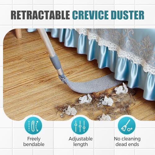 Retractable Gap Dust Cleaner with Reusable Dusting Cloths, Bendable Flexible Duster with Extension Pole, Wet & Dry Sweeper Stick Dusters for Gap Cleaning Under Furniture (Green+Replacement Cloth*2) - color: Green+replacement Cloth*2